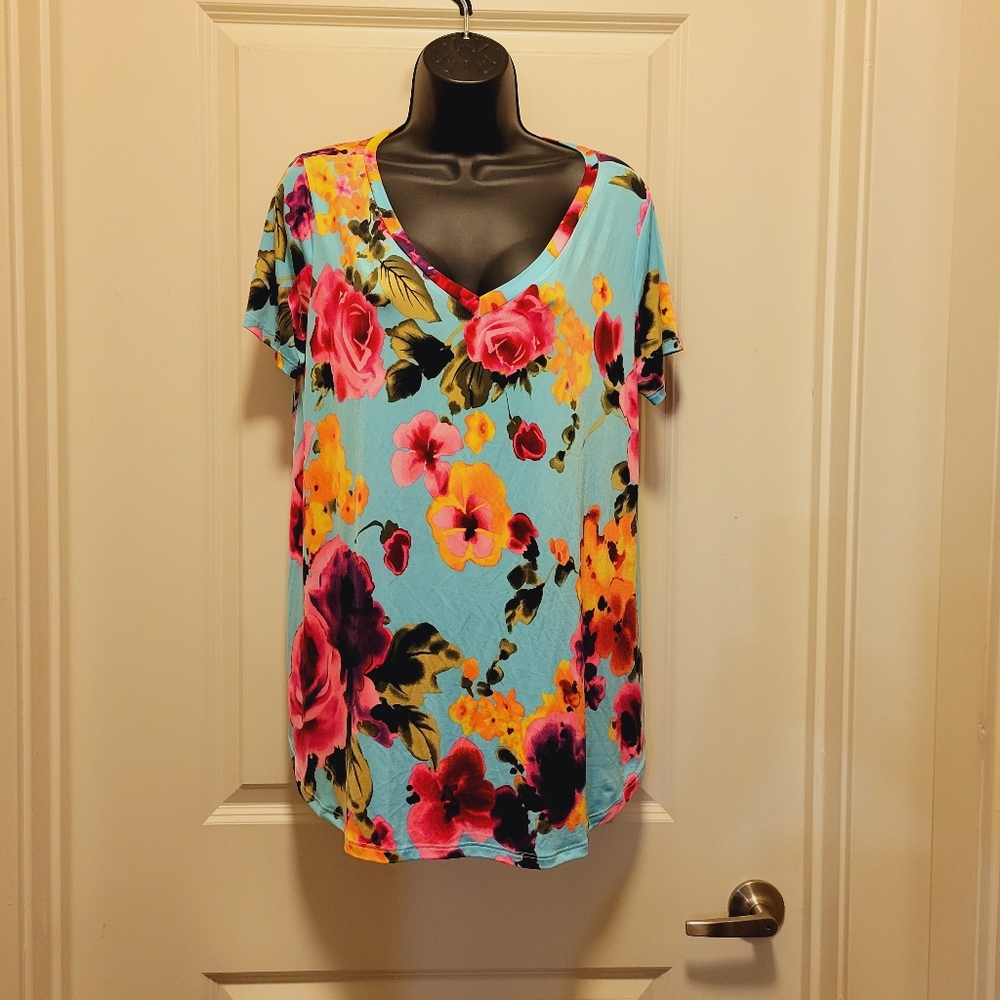 Turquoise & Hot Pink Multi Floral Boutique Blouse